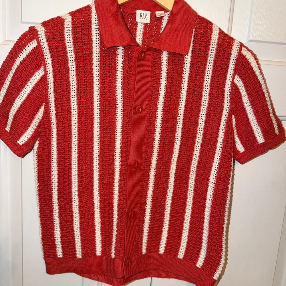 Gap Kids Red White Striped Pointelle Knit Button Front Polo Shirt Small 6-7